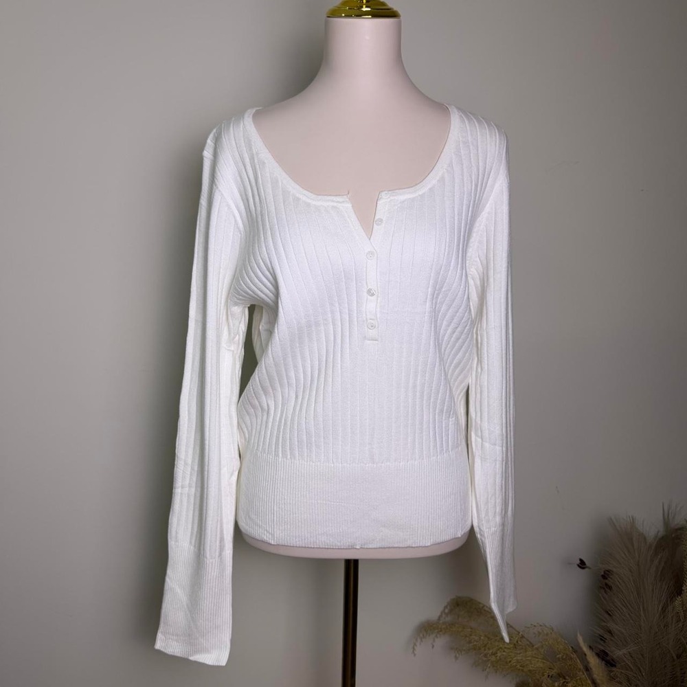 BTFBM Long Sleeve Ribbed Henley Knit Sweater Top Off White Size XXL